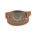 Ariat ladies 1 1/2" natural leather belt with floral embossing and a multi-finish Ariat buckle.