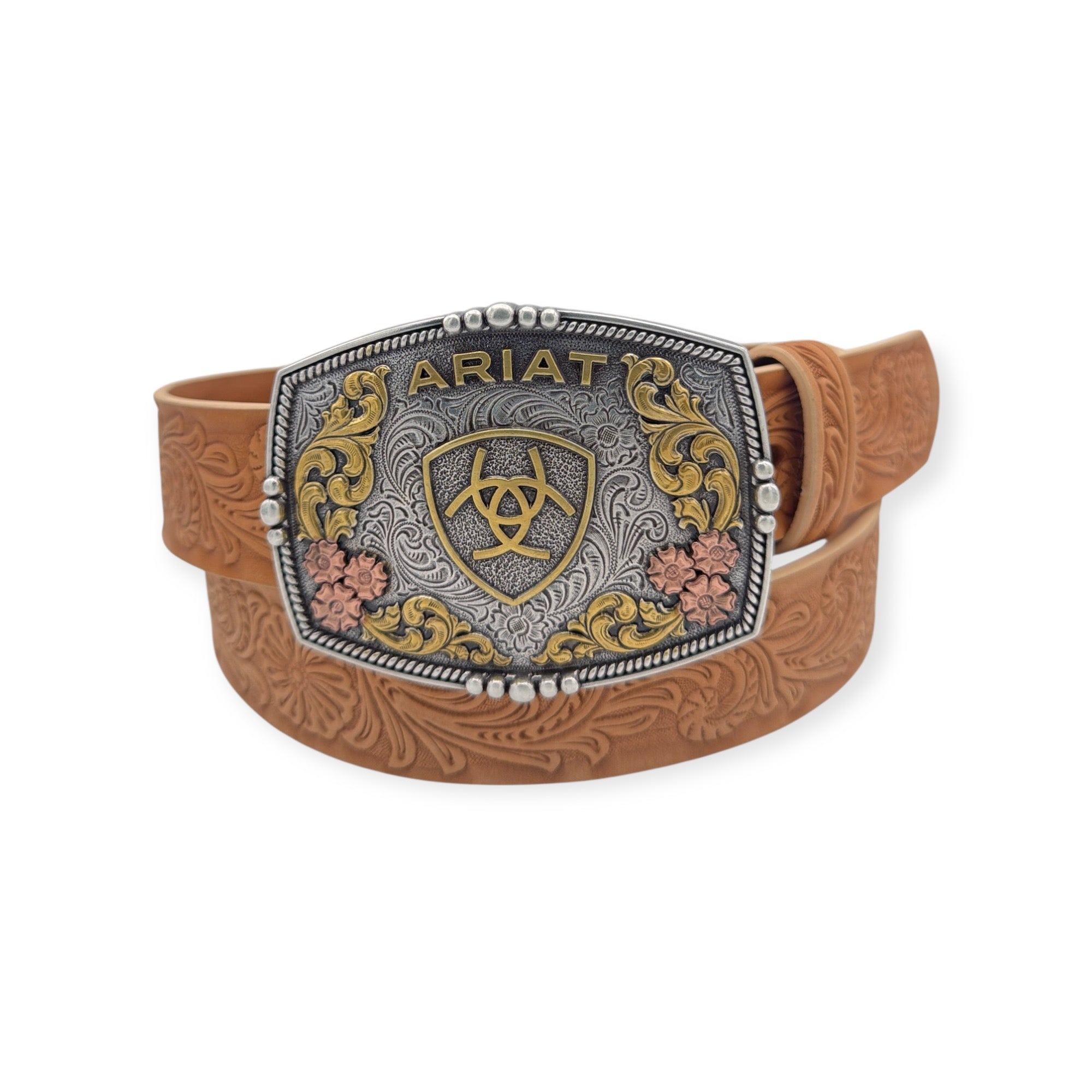 Ariat ladies 1 1/2" natural leather belt with floral embossing and a multi-finish Ariat buckle.
