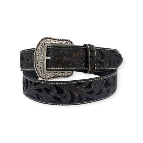 Ariat black leather belt with floral embossed overlay, roughout underlay, and antique silver buckle.