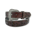 Ariat ladies' brown genuine leather belt with floral embossed overlay and antique silver buckle.