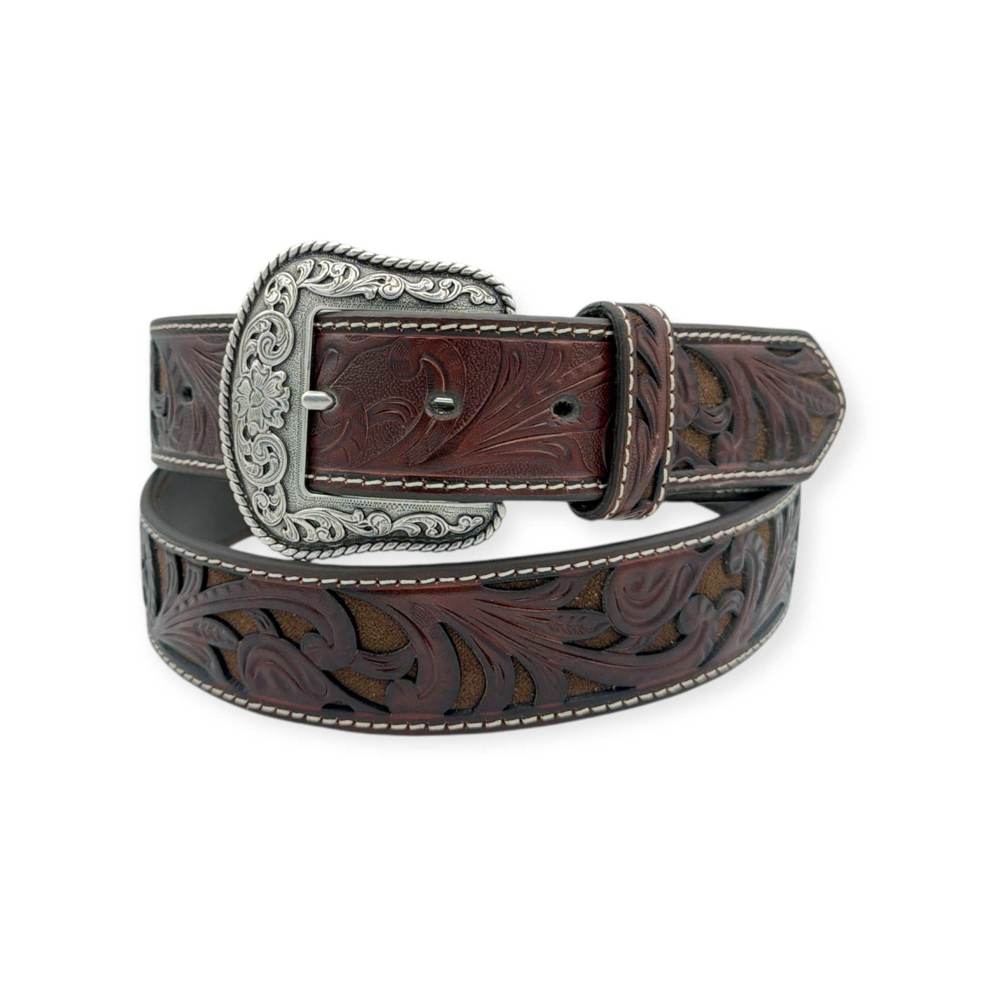 Ariat ladies' brown genuine leather belt with floral embossed overlay and antique silver buckle.