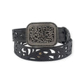 Ariat ladies' black genuine leather belt with floral filigree strap and square crystal-edged buckle.