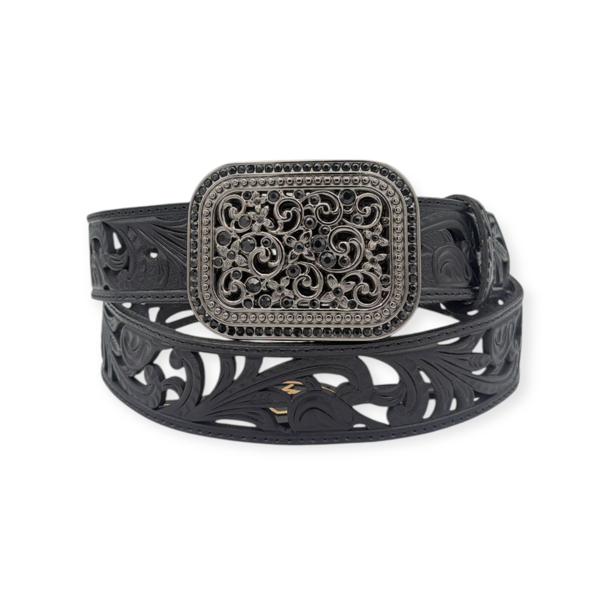 Ariat ladies' black genuine leather belt with floral filigree strap and square crystal-edged buckle.