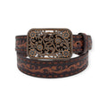 Ariat Ladies 1-1/2" chocolate genuine leather belt with embossed floral design, step lacing, and antique copper buckle.