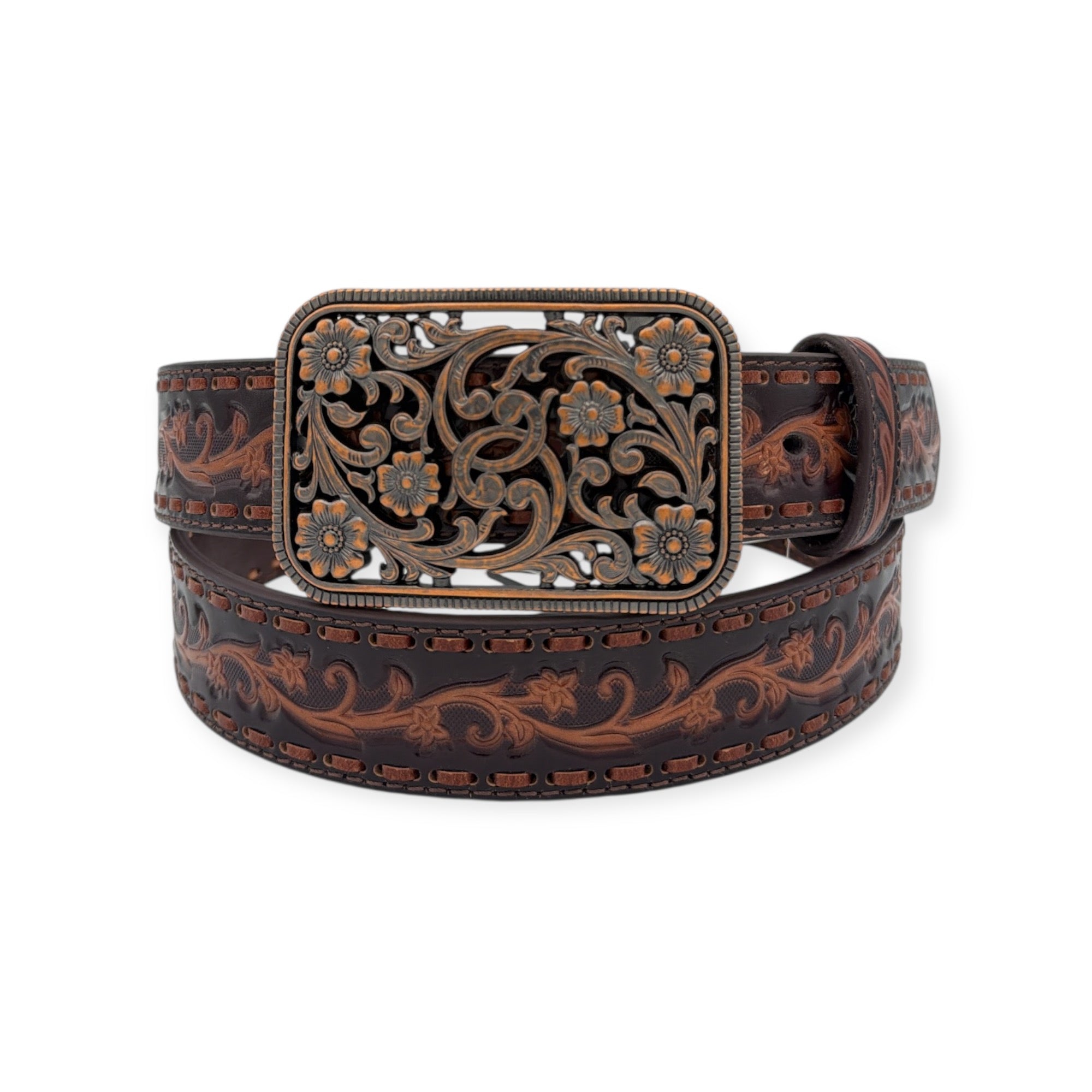 Ariat Ladies 1-1/2" chocolate genuine leather belt with embossed floral design, step lacing, and antique copper buckle.