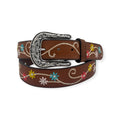 Ariat ladies' brown leather belt with multi-colored embroidered flowers and an antique silver floral buckle.