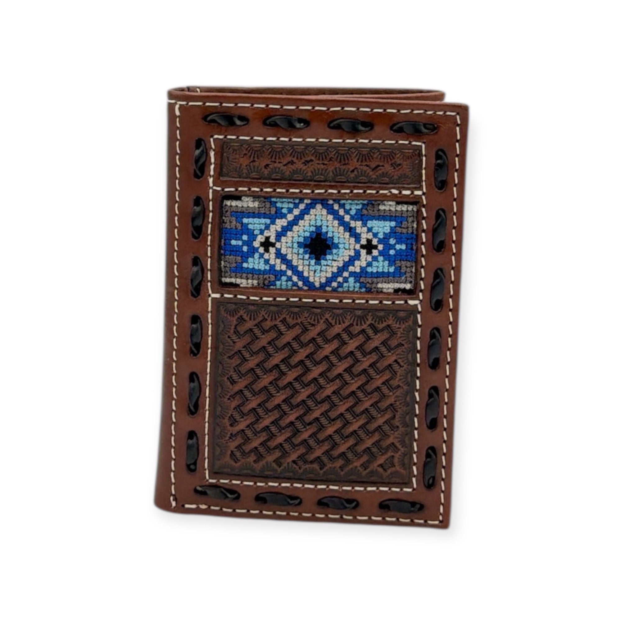 3D MENS TRIFOLD WALLET BLUE DIAMOND INLAY BROWN