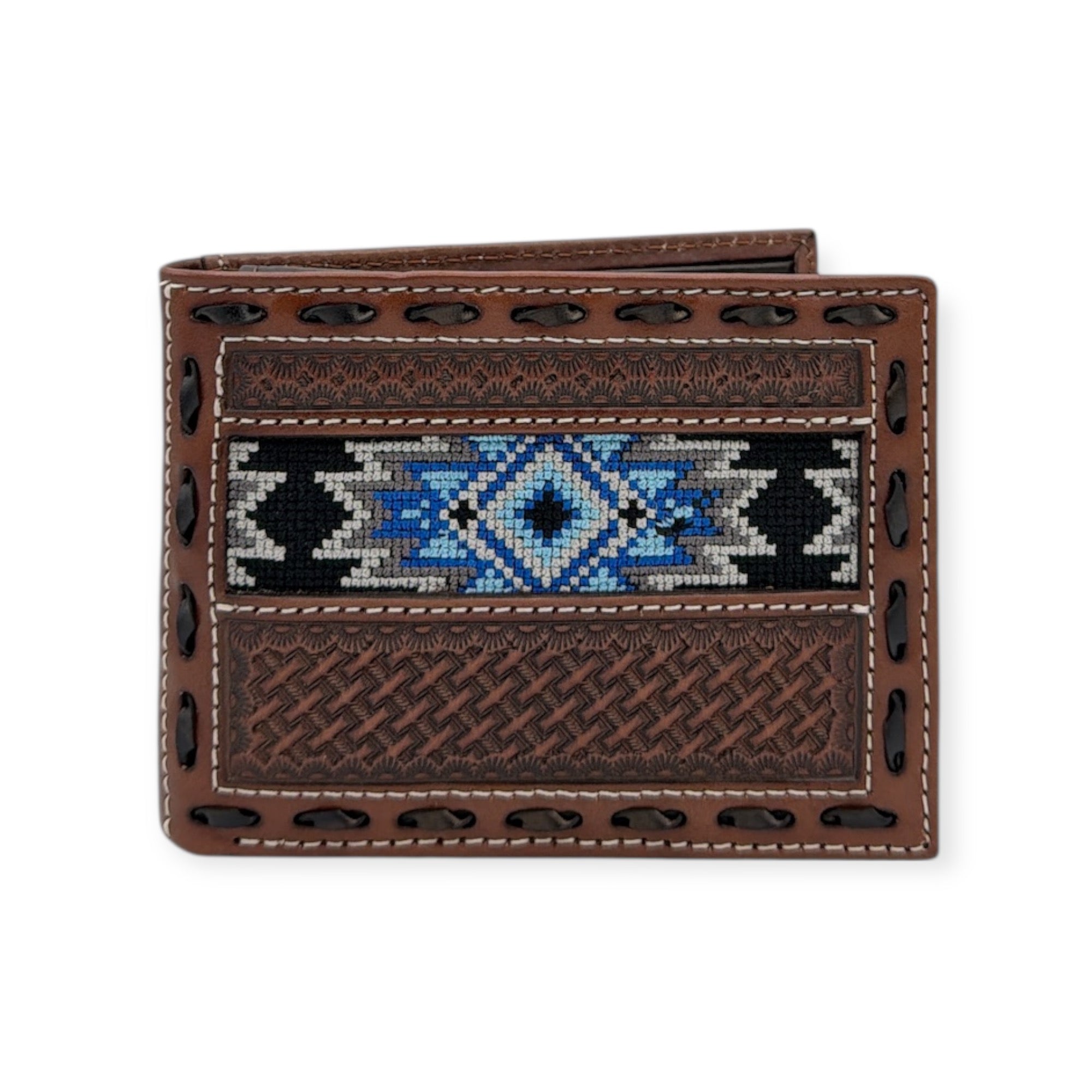 3D MENS BIFOLD WALLET BLUE DIAMOND INLAY BROWN