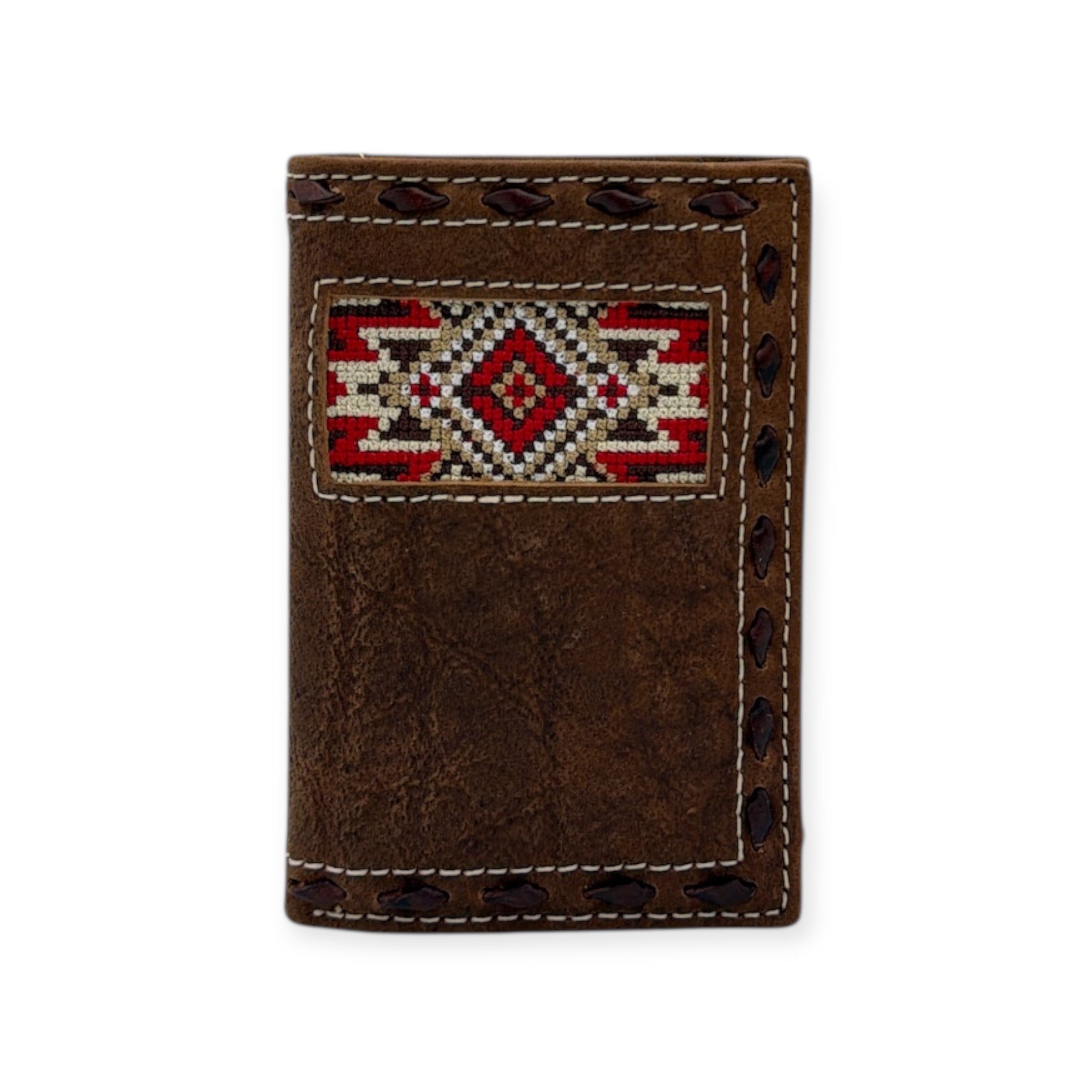 3D MENS TRIFOLD STYLE WALLET EMBROIDERED BUCK LACE RED