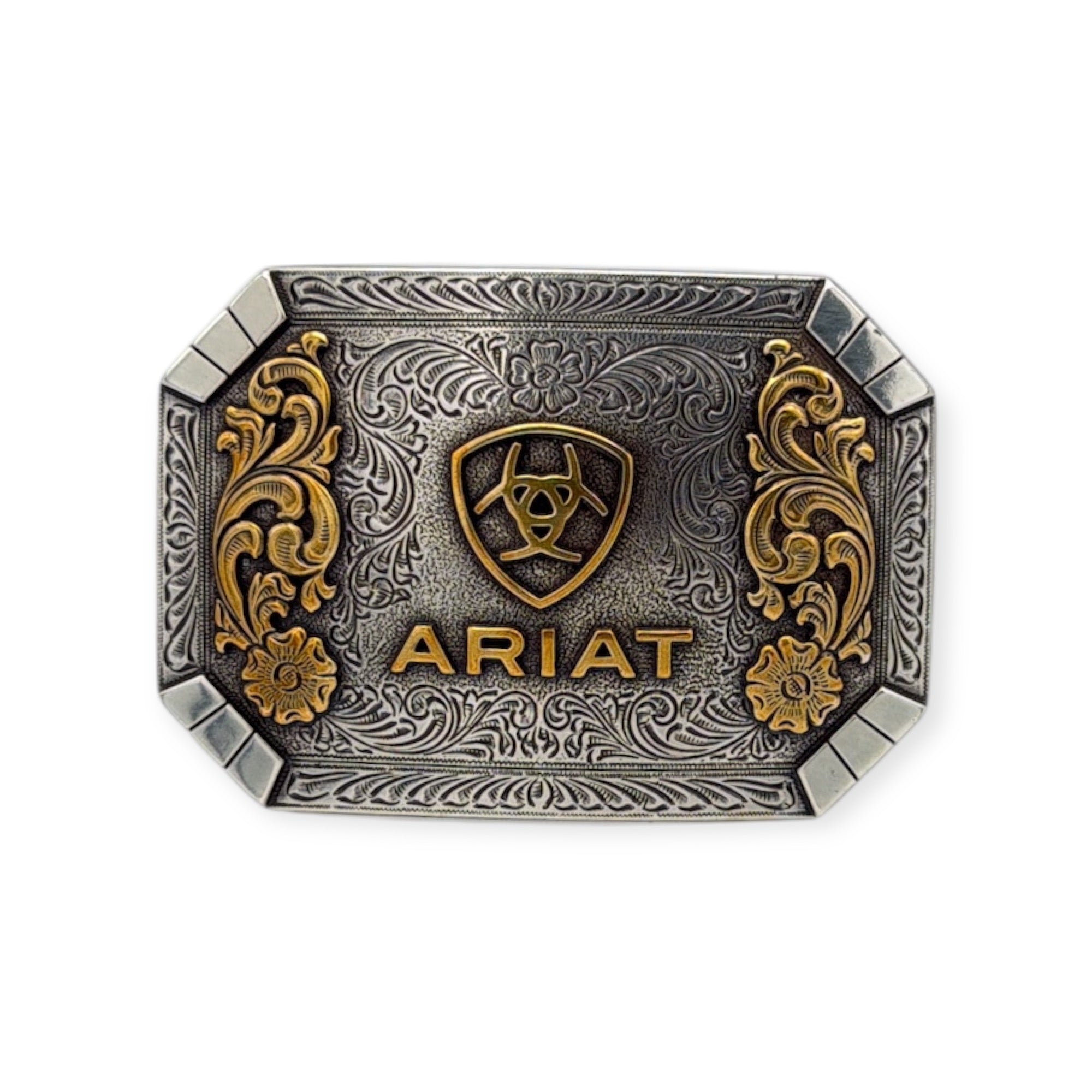 Ariat rectangle buckle with antique silver floral engraving, gold floral accents, and a central gold Ariat emblem.