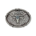Ariat antique silver oval buckle with steer head motif, hammered background, and barbwire edging.