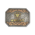 Ariat rectangle buckle with raised gold logo, antique silver floral engraving, and rope edge.