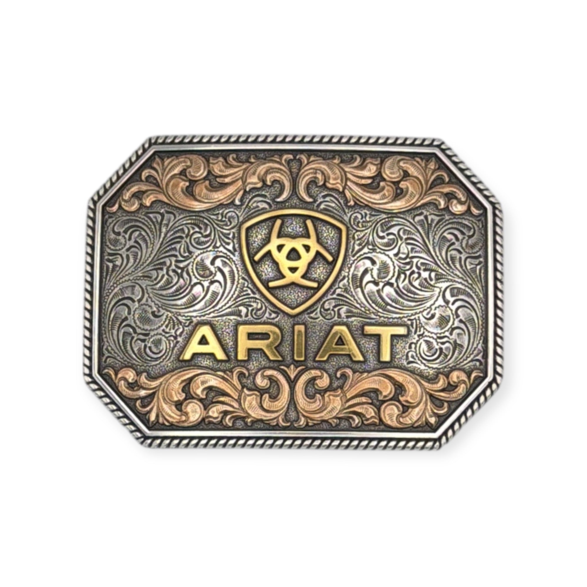 Ariat rectangle buckle with raised gold logo, antique silver floral engraving, and rope edge.