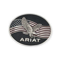 Ariat oval buckle with raised silver eagle, blue/red American flag, and engraved black background.