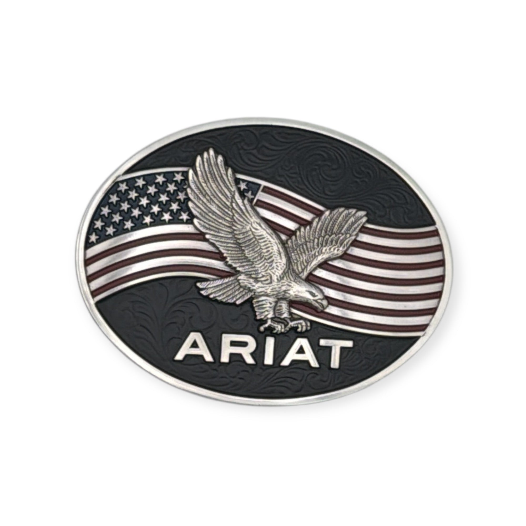 Ariat oval buckle with raised silver eagle, blue/red American flag, and engraved black background.