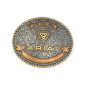 Oval Ariat buckle with beaded edge, antique silver floral engraving, raised gold Ariat logo, copper stars and ribbon.