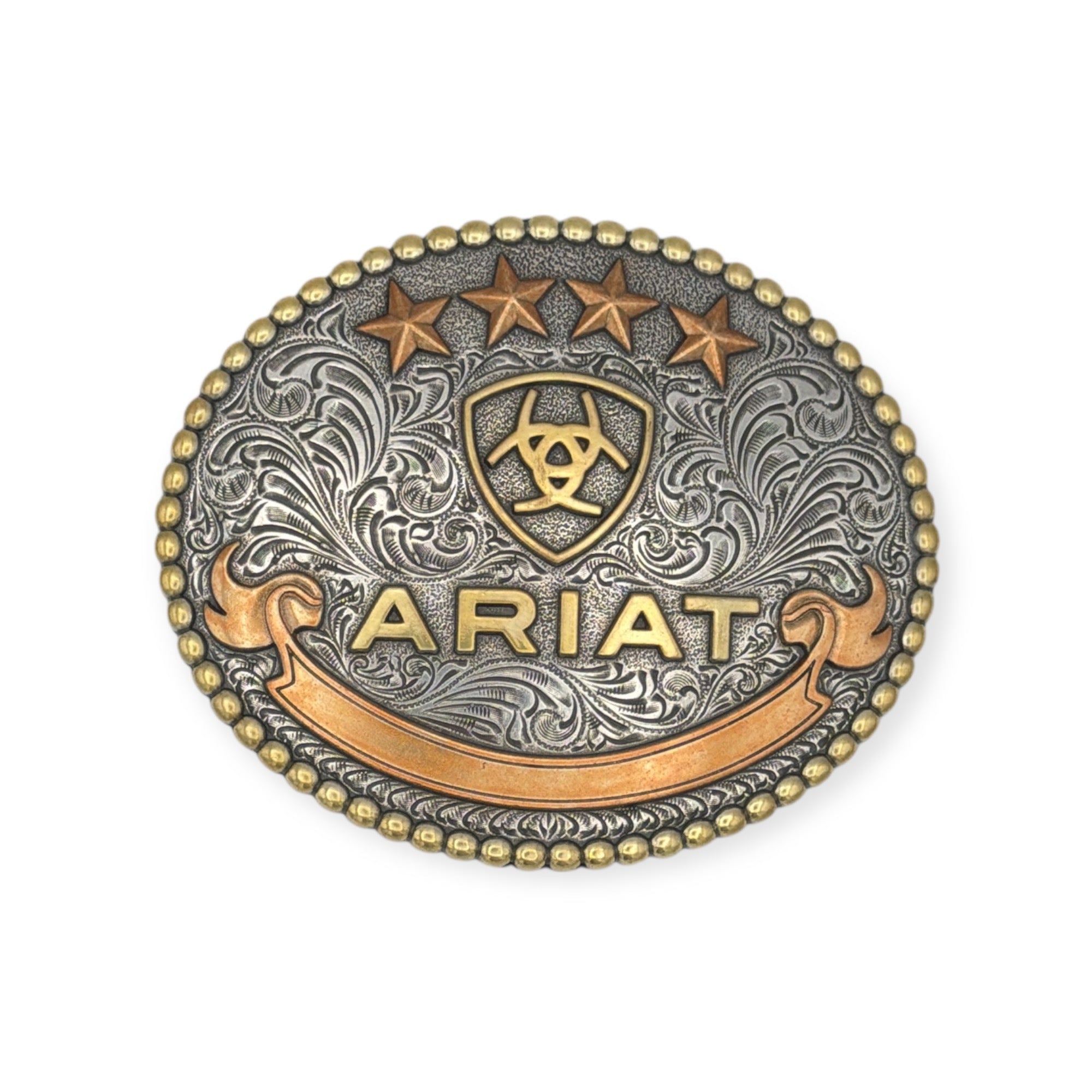 Oval Ariat buckle with beaded edge, antique silver floral engraving, raised gold Ariat logo, copper stars and ribbon.