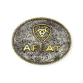 Ariat large oval silver and gold buckle with engraved scrolling, shield logo, and gold rope edge.