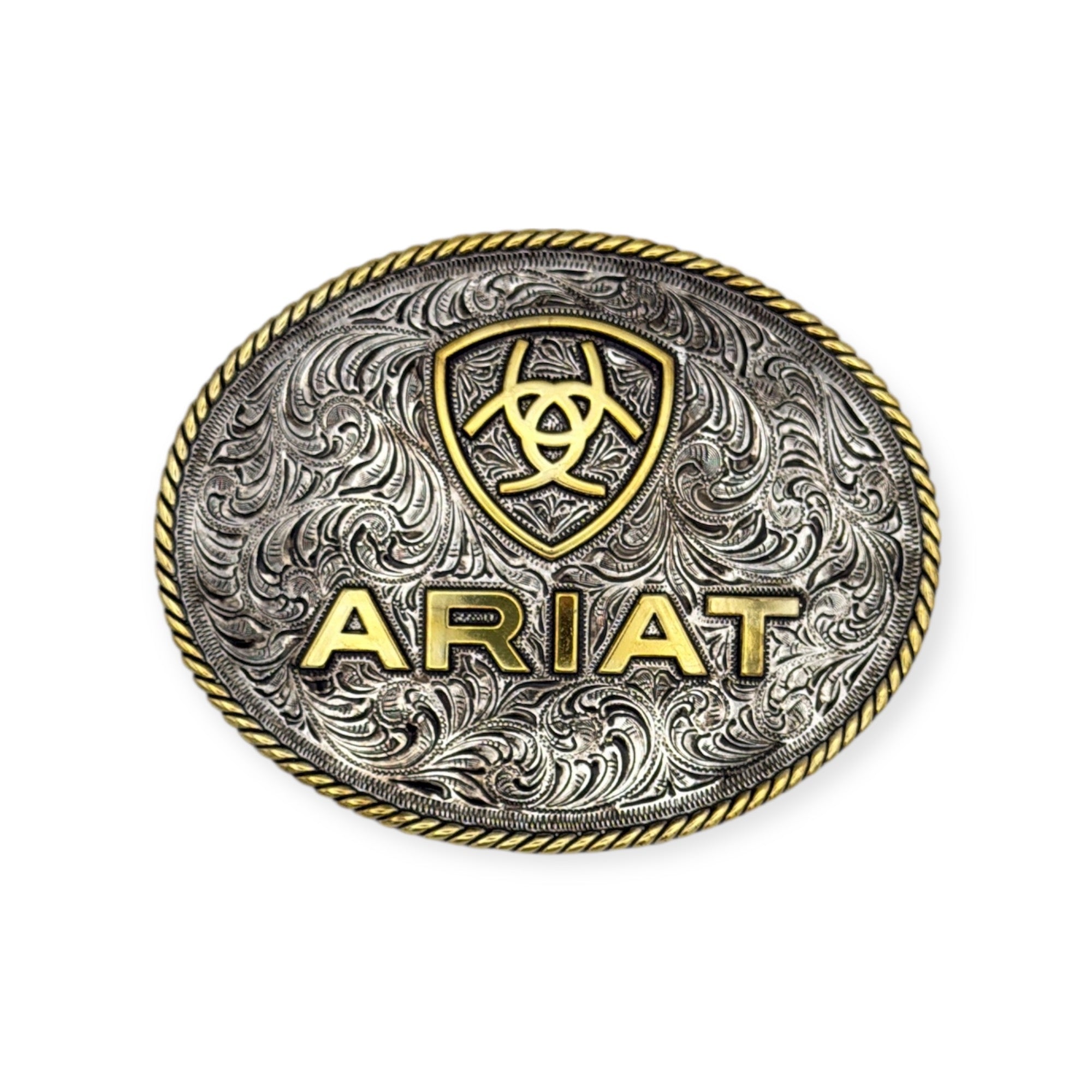 Ariat large oval silver and gold buckle with engraved scrolling, shield logo, and gold rope edge.