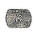 Antique silver Ariat rectangle buckle with rope edge, vintage saddle bronc, and floral engraving.