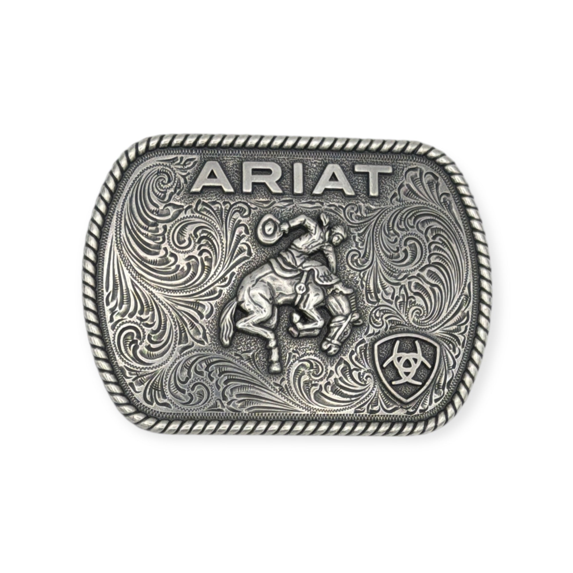 Antique silver Ariat rectangle buckle with rope edge, vintage saddle bronc, and floral engraving.