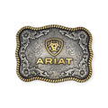 Ariat antique silver and gold oval buckle with floral scrolls, filigree, and twisted rope trim.