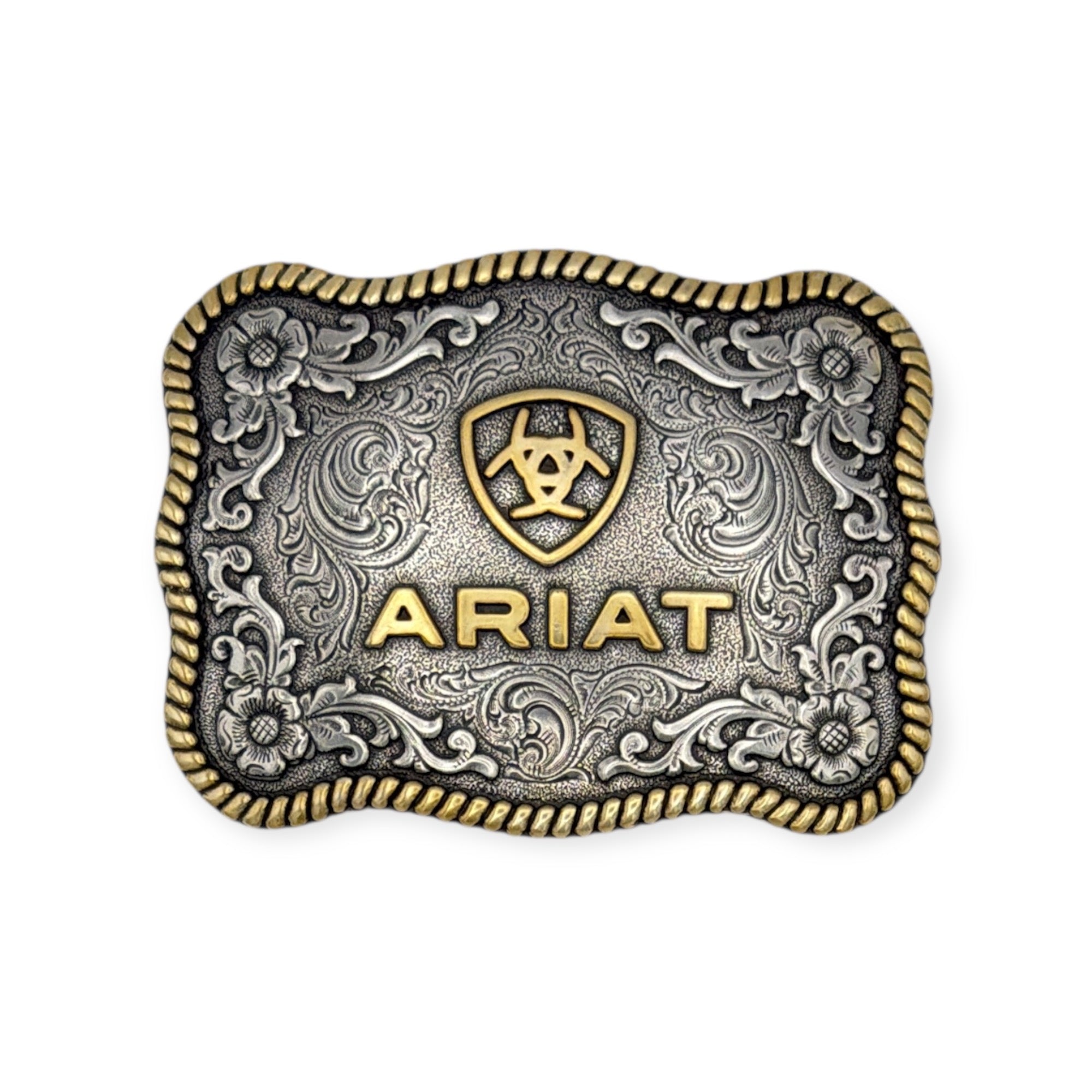 Ariat antique silver and gold oval buckle with floral scrolls, filigree, and twisted rope trim.