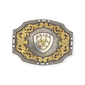 Ariat rectangle buckle with antique silver rope edge and gold floral accents around the Ariat emblem.