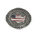 Oval antique silver Ariat buckle with "All American" text, beaded edge, and a red, white, and blue USA flag map.