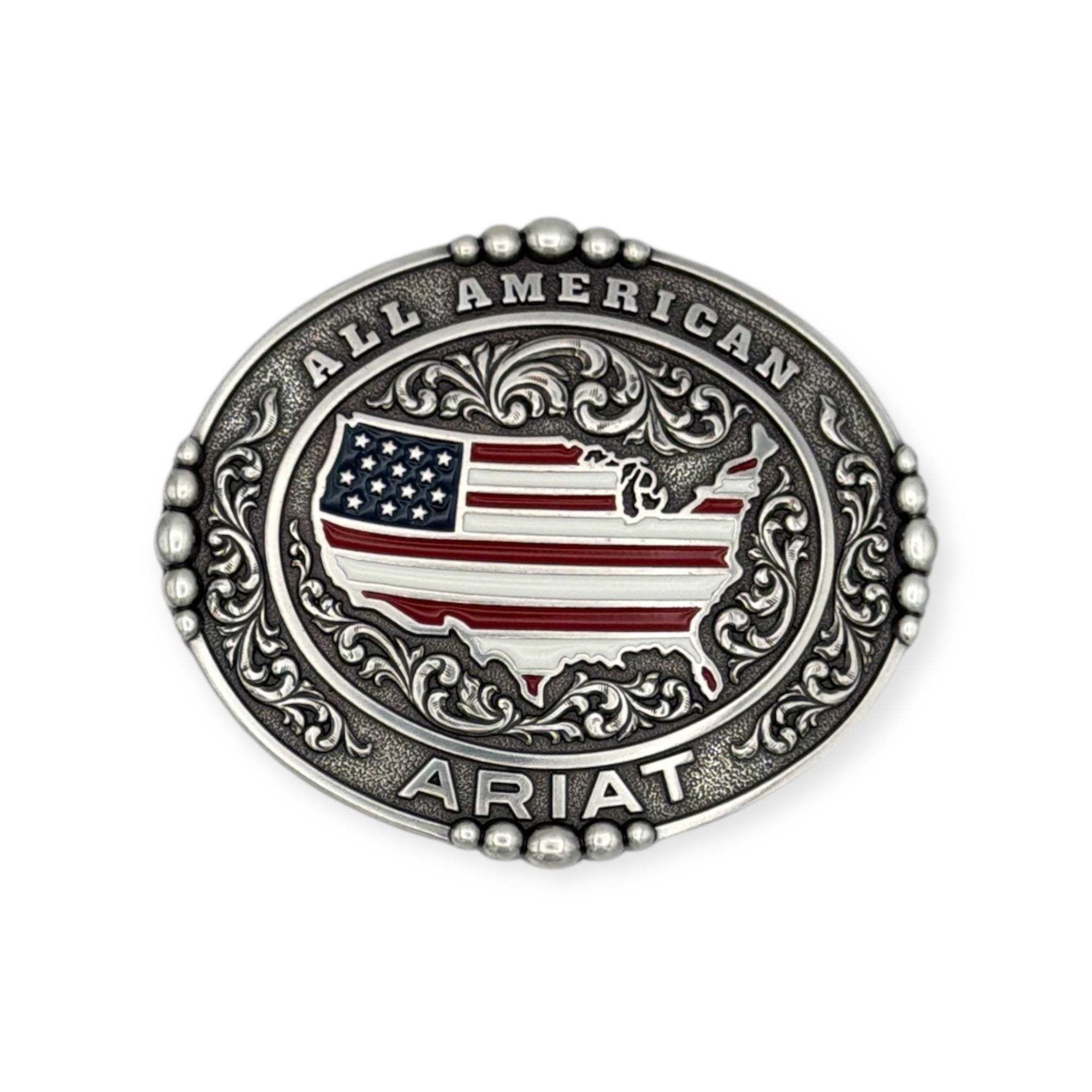 Oval antique silver Ariat buckle with "All American" text, beaded edge, and a red, white, and blue USA flag map.