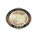 Shiny silver Ariat oval buckle with gold "All American Ariat" text, USA outline, and copper scrolling.