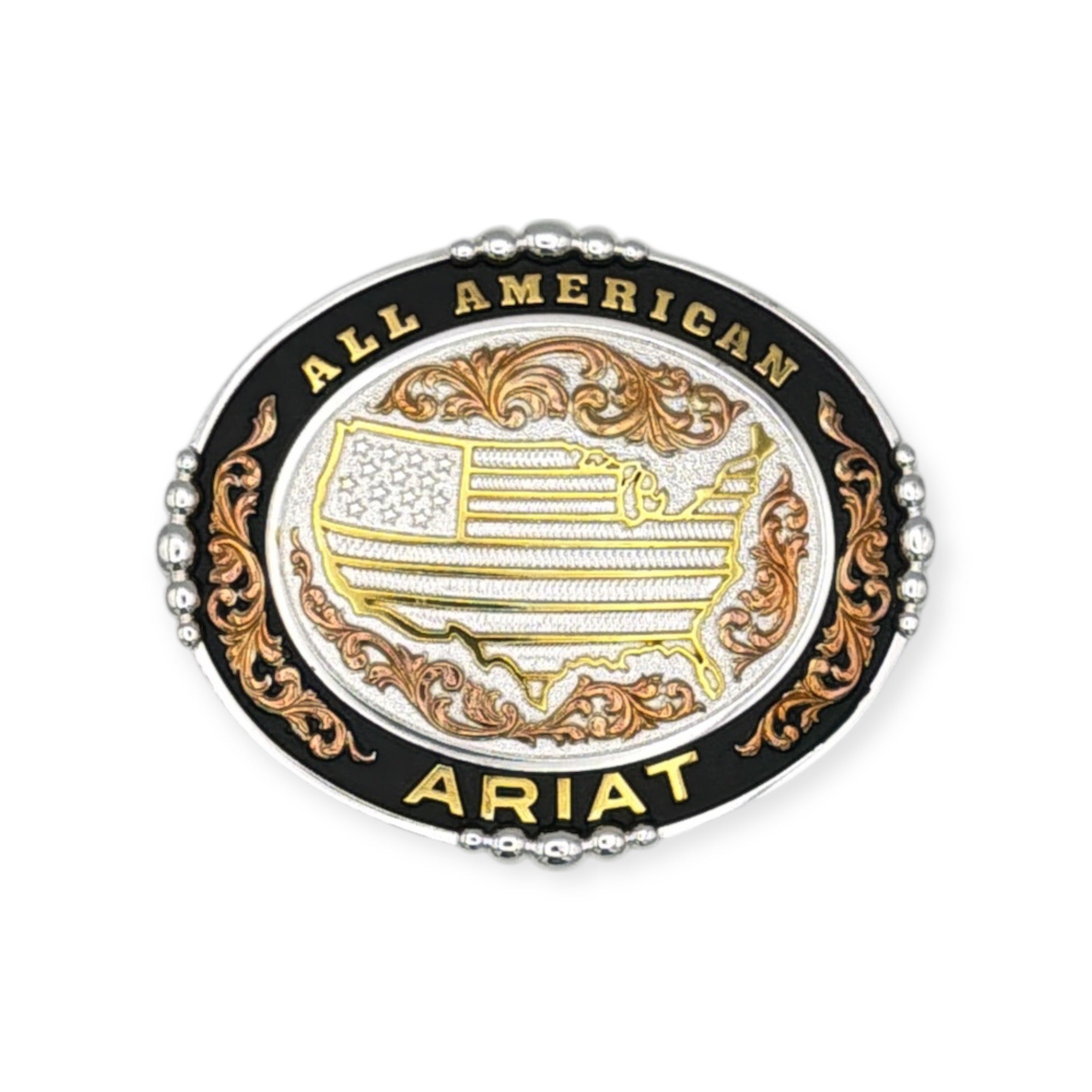 Shiny silver Ariat oval buckle with gold "All American Ariat" text, USA outline, and copper scrolling.