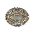 Ariat Oval All American antique silver and copper buckle with US flag and floral engravings.