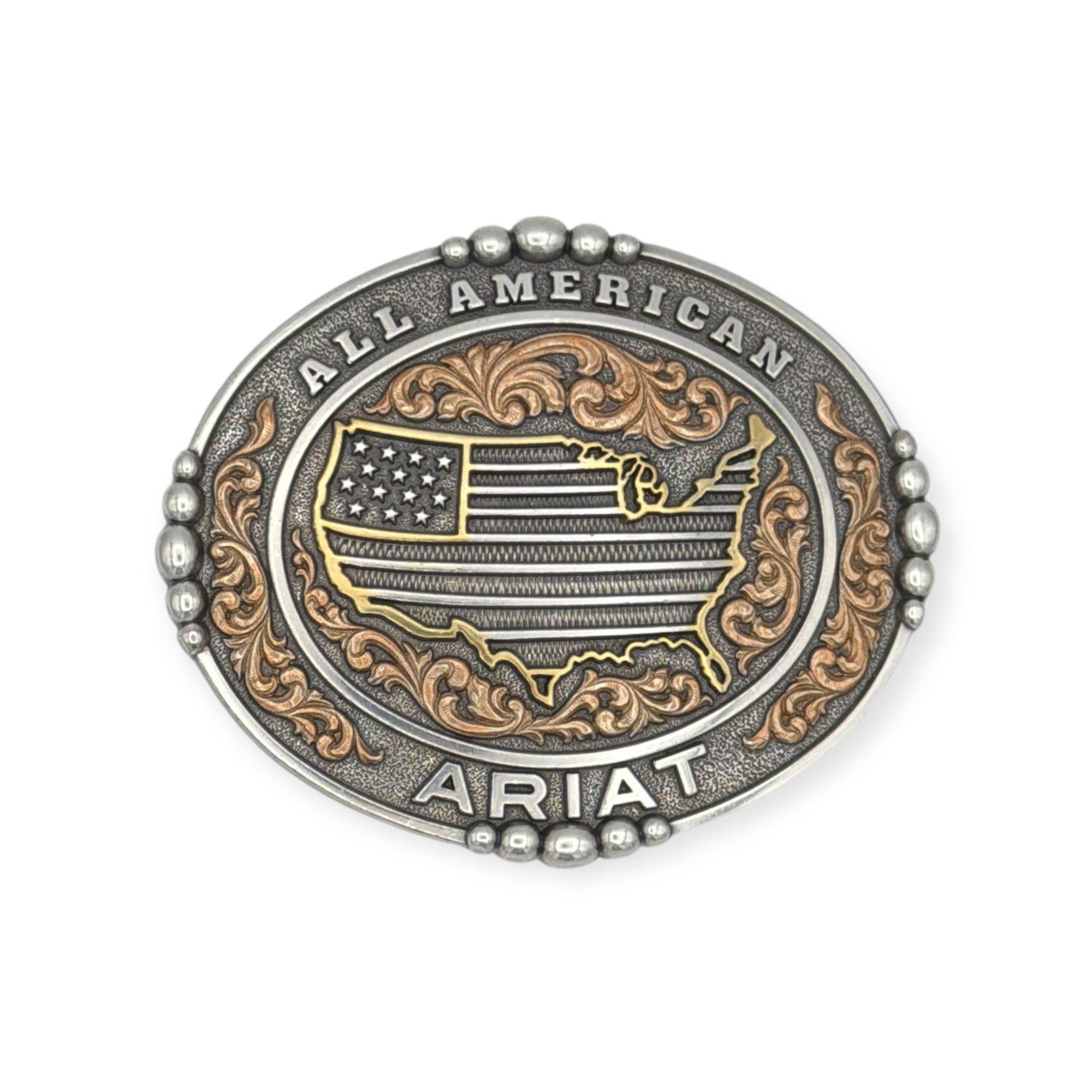 Ariat Oval All American antique silver and copper buckle with US flag and floral engravings.