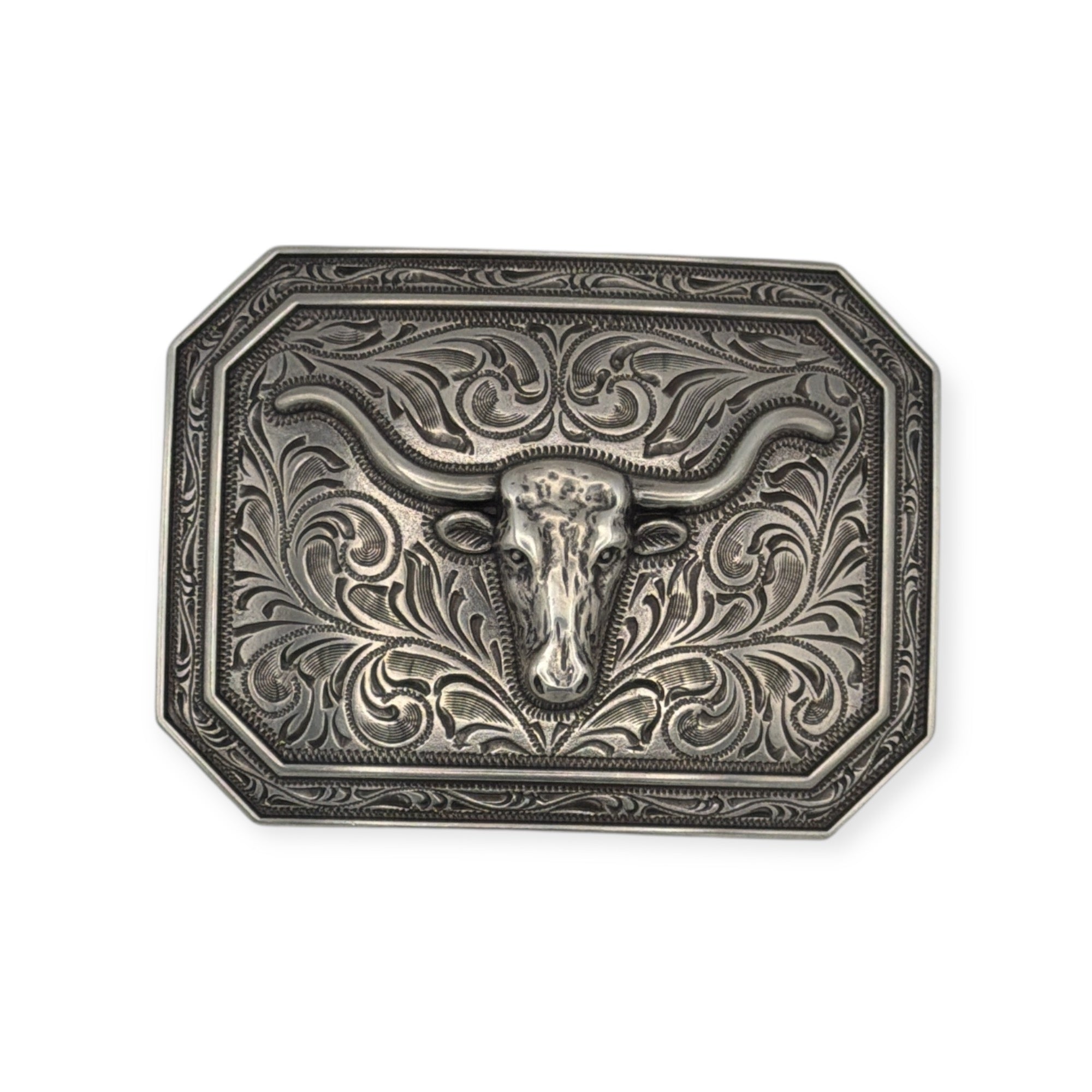 Silver Ariat rectangle belt buckle with smooth edge, longhorn motif, and western scroll engraving.