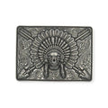 Silver Ariat rectangle buckle with Chief Skull, headdress, crossed arrows, and western scroll engraving.