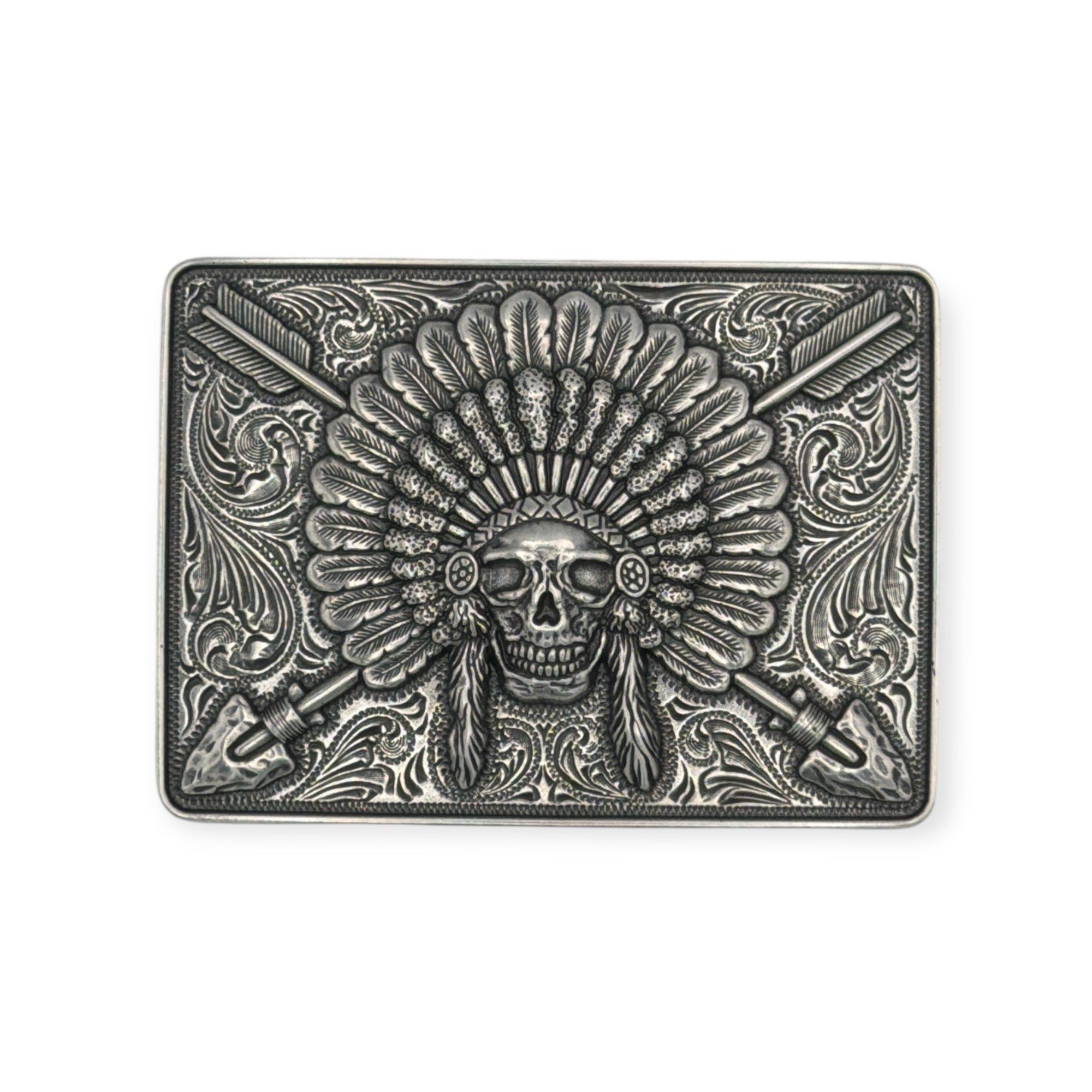Silver Ariat rectangle buckle with Chief Skull, headdress, crossed arrows, and western scroll engraving.