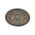 Ariat antique silver and gold oval buckle with floral and scroll filigree design.