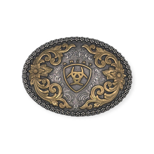 Ariat antique silver and gold oval buckle with floral and scroll filigree design.