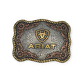 Ariat rectangle buckle with gold logo, antique silver scrolling, copper floral accents, and gold rope edge.
