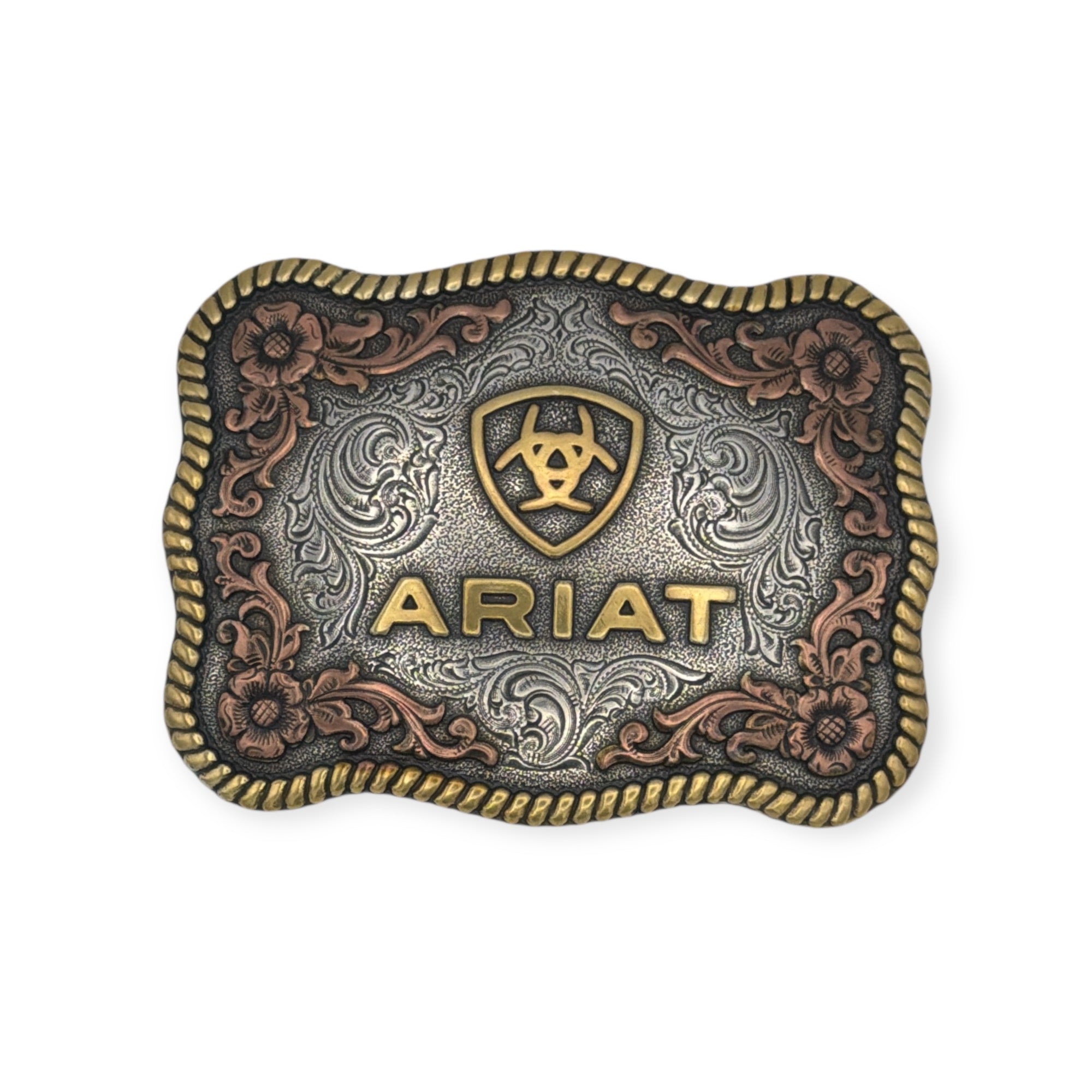 Ariat rectangle buckle with gold logo, antique silver scrolling, copper floral accents, and gold rope edge.