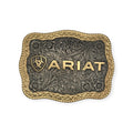 Antique silver and gold Ariat rectangle buckle with rope edge, shield, and word logo.