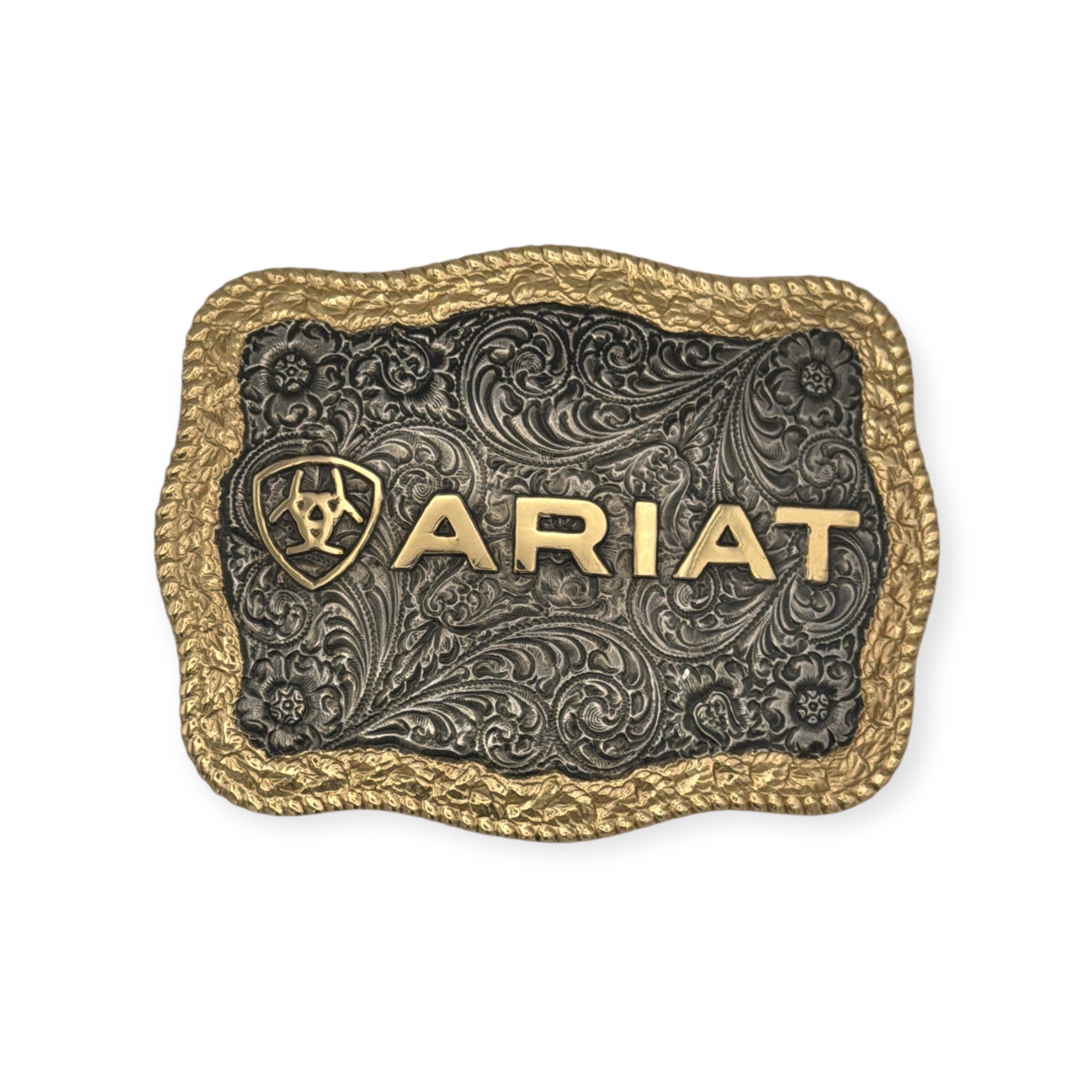 Antique silver and gold Ariat rectangle buckle with rope edge, shield, and word logo.