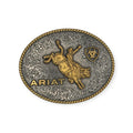 Ariat Oval Rope Edge Bullrider buckle in antique silver and gold with floral engraving.