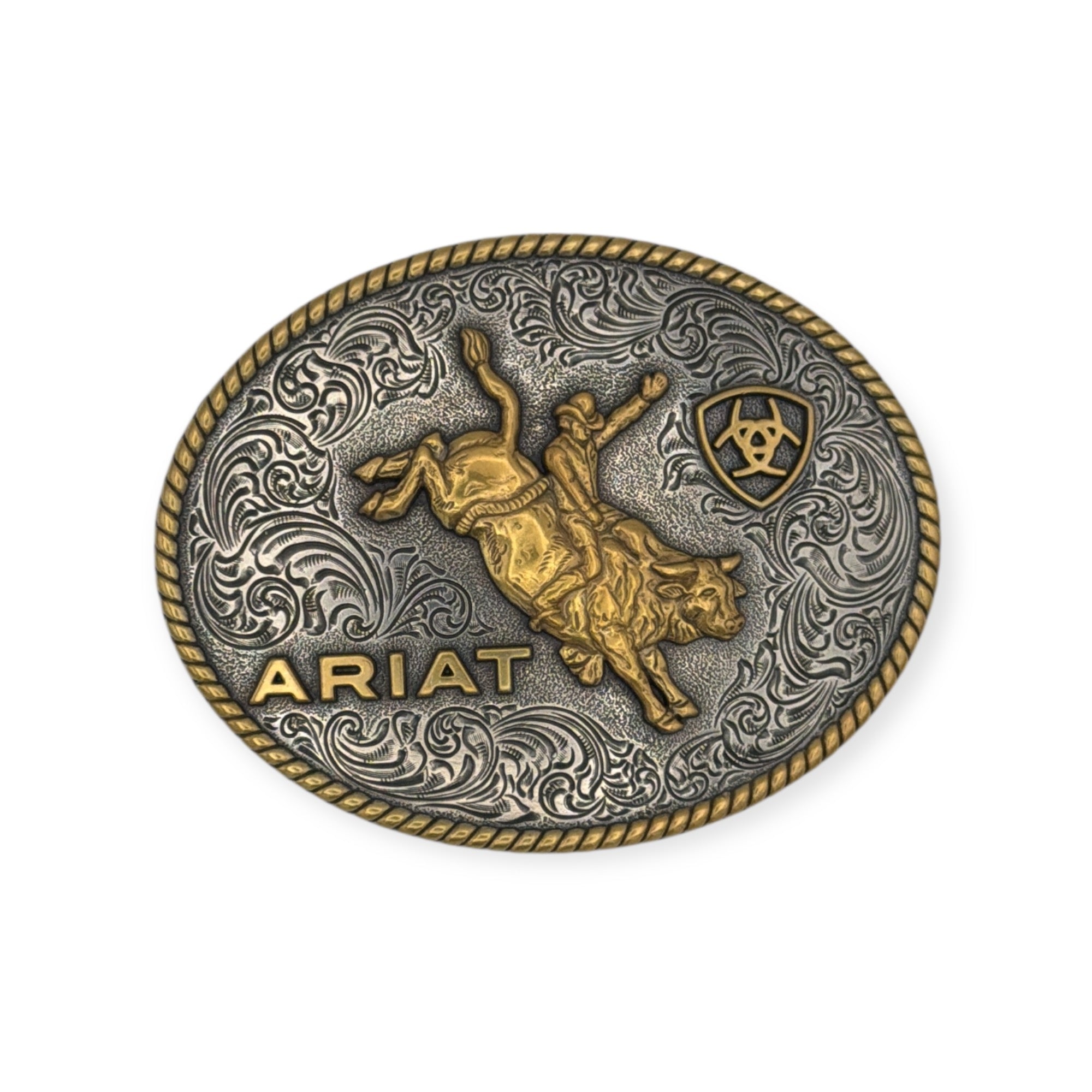 Ariat Oval Rope Edge Bullrider buckle in antique silver and gold with floral engraving.