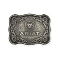 Ariat Antique Silver Rectangle Buckle with twisted rope edge, floral, and scroll filigree design.