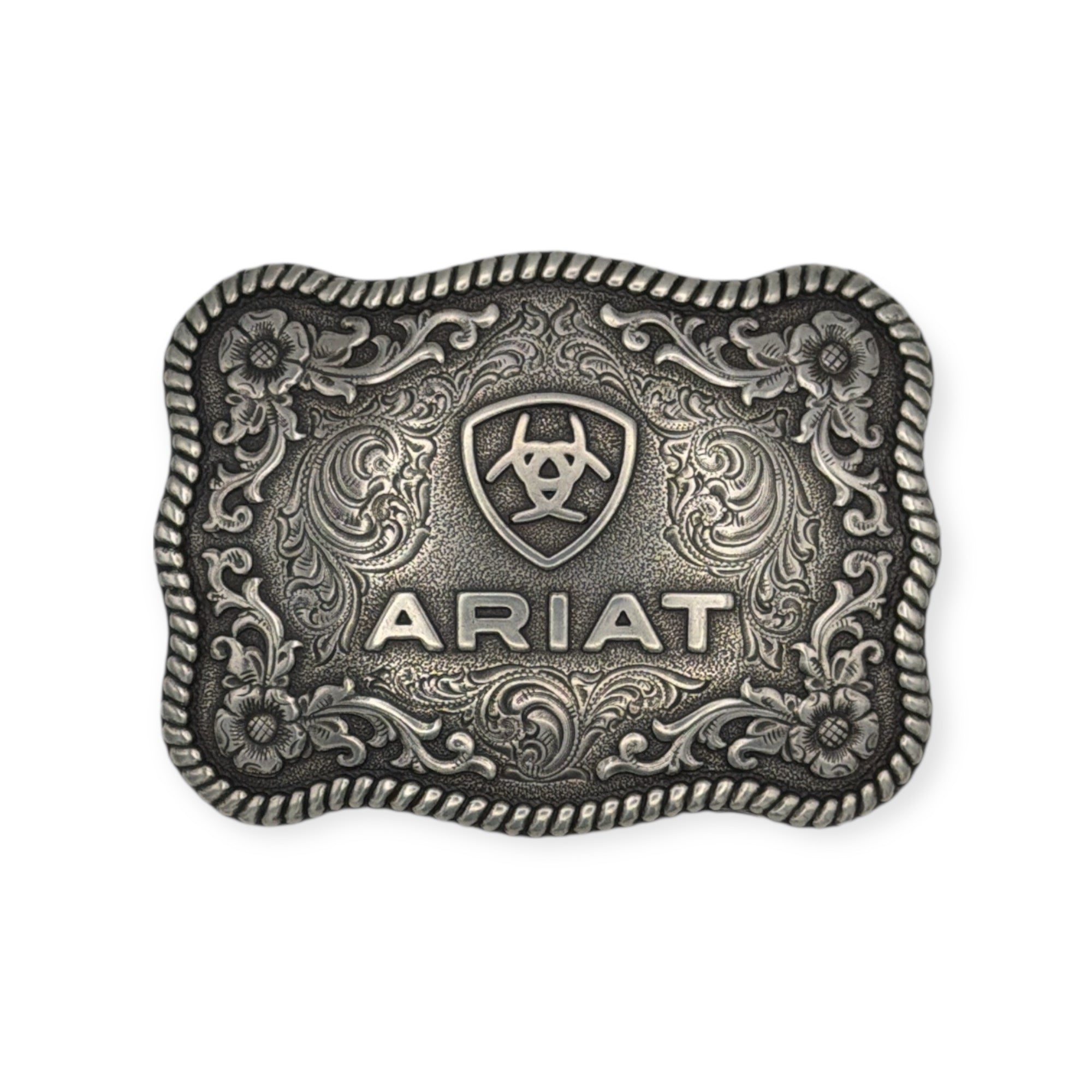 Ariat Antique Silver Rectangle Buckle with twisted rope edge, floral, and scroll filigree design.
