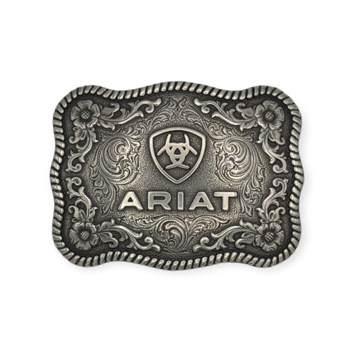 Ariat Antique Silver Rectangle Buckle with twisted rope edge, floral, and scroll filigree design.