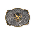 Ariat rectangle buckle with antique silver floral engraving, gold Ariat emblem, and smooth edge with bead accents.