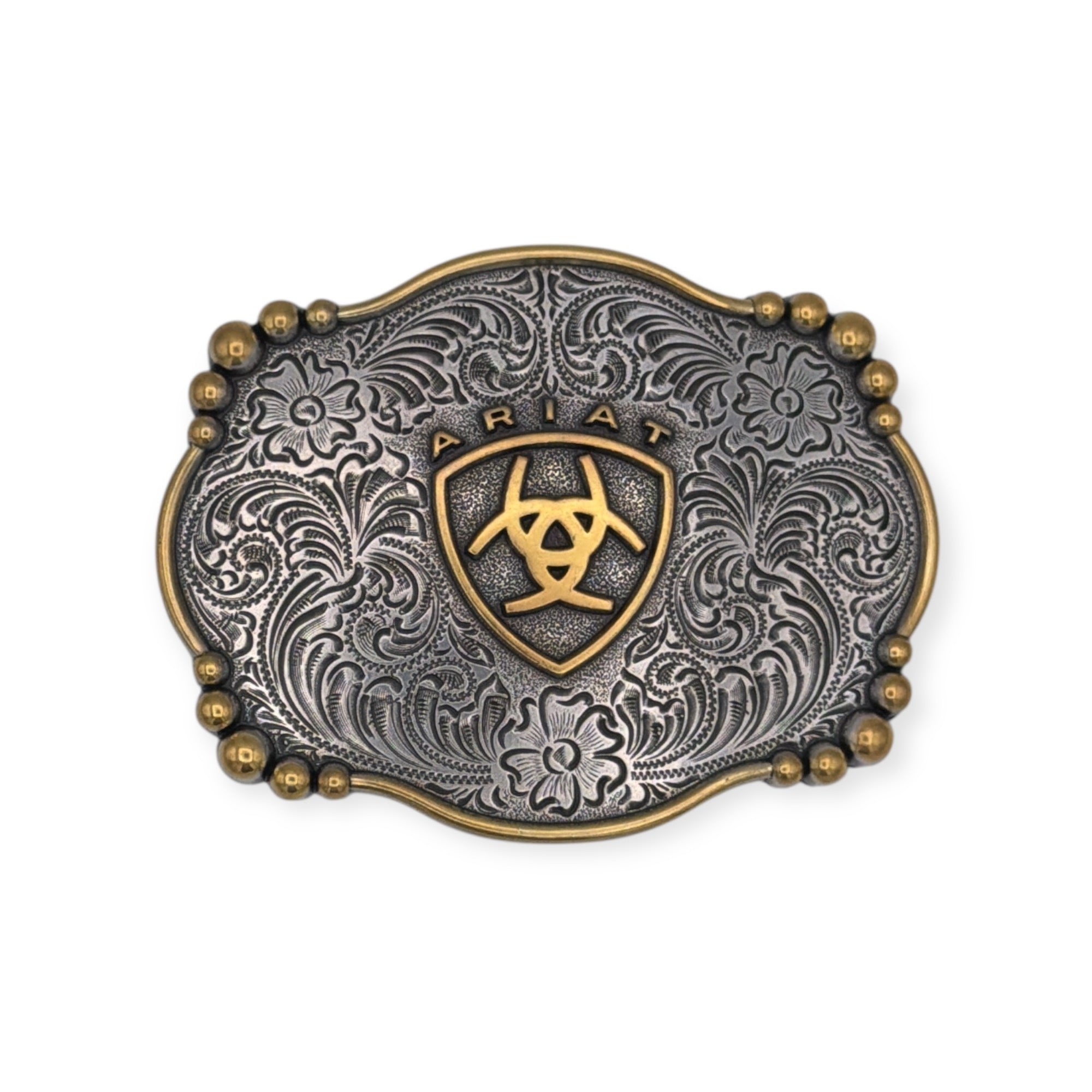 Ariat rectangle buckle with antique silver floral engraving, gold Ariat emblem, and smooth edge with bead accents.